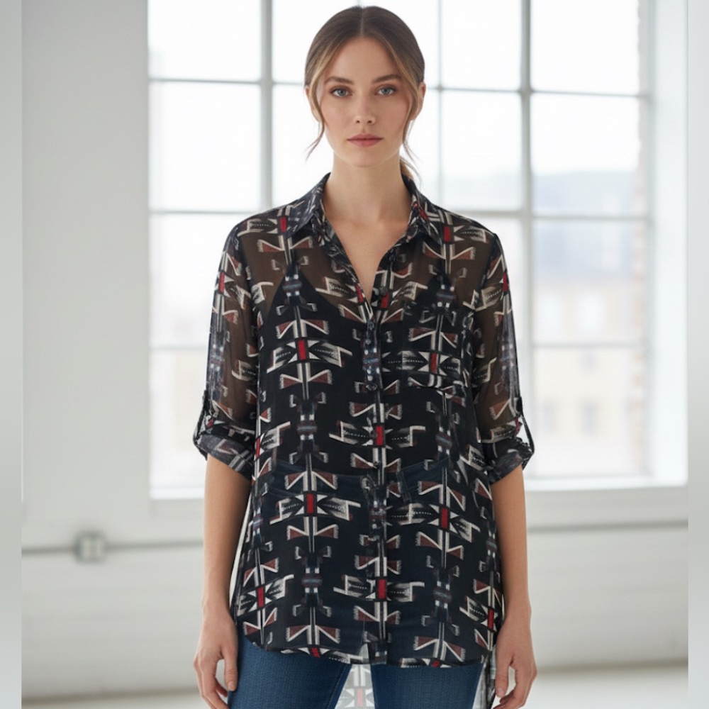 Miss C London Geometric Tribal Print Sheer Button Down Shirt Size: S